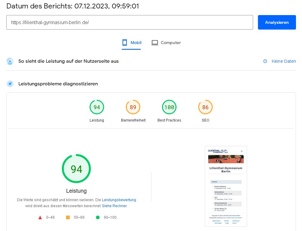 Google Page Speed Insights, Mobil: Leistungsindex 94% (neu)